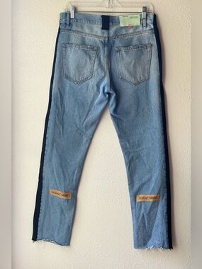 Off-White Virgil Abloh Reconstructed Denim Jeans Black Side Panels Raw Hem Sz 30